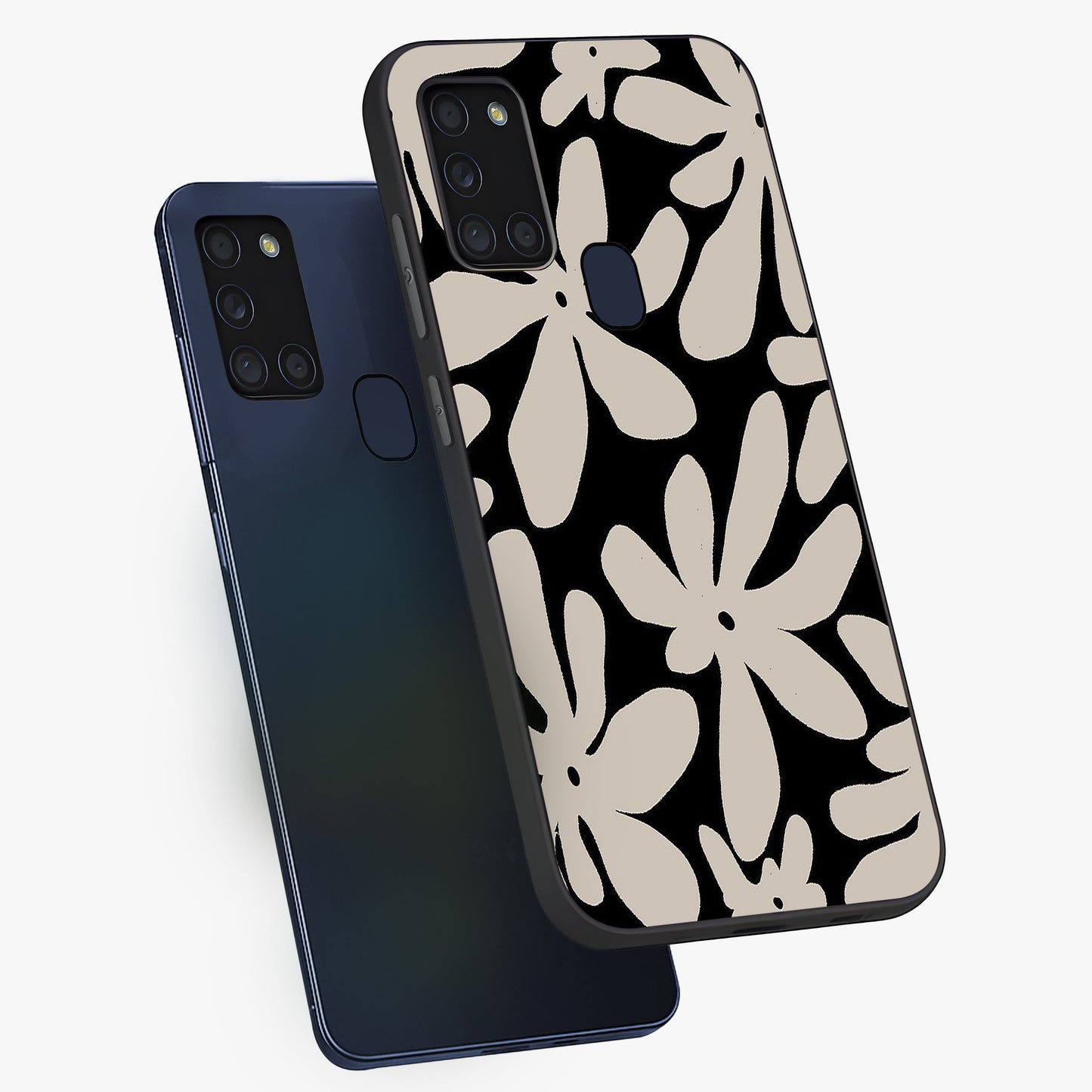 Monochrome Petal Dance Glass Case displayed in angled mockup highlighting elegant petal design with black and white aesthetic.