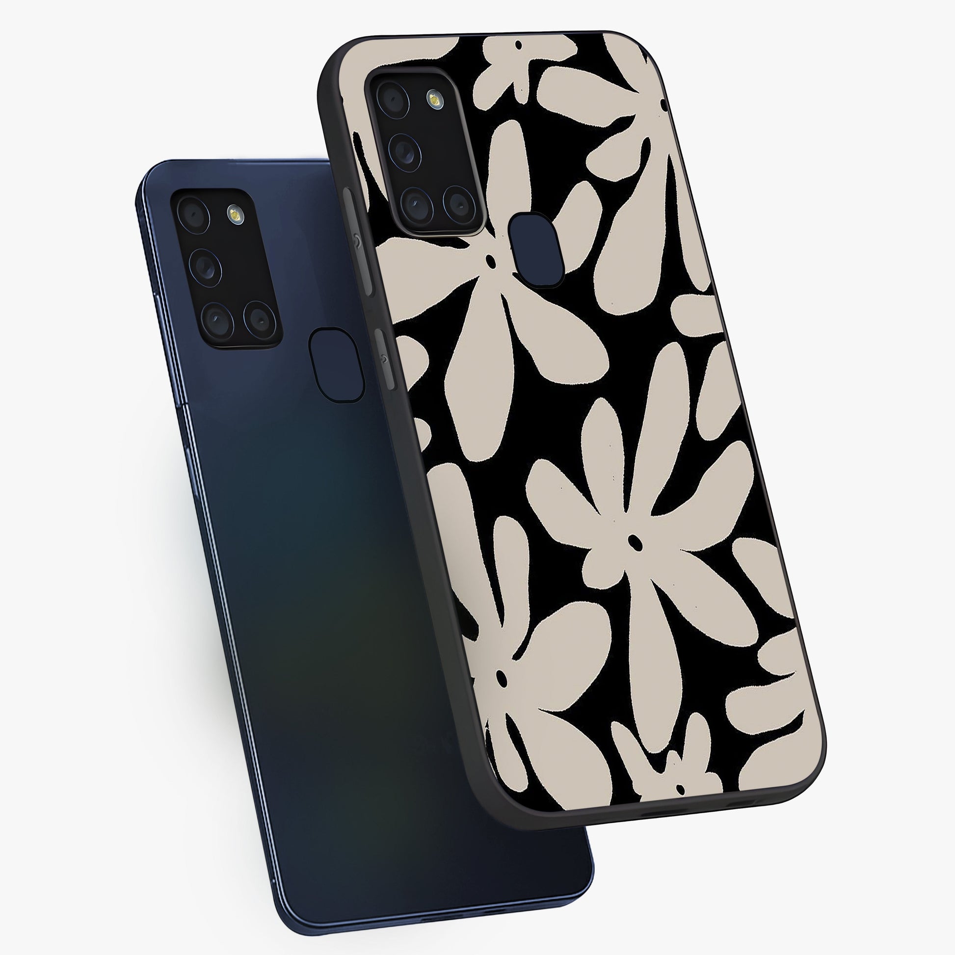 Monochrome Petal Dance Glass Case displayed in angled mockup highlighting elegant petal design with black and white aesthetic.
