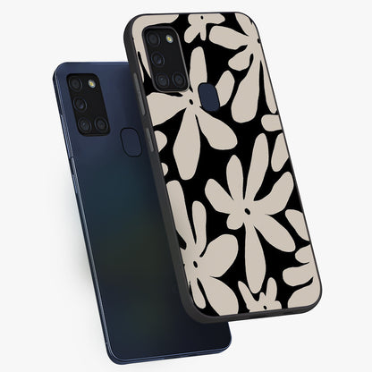 Monochrome Petal Dance Glass Case displayed in angled mockup highlighting elegant petal design with black and white aesthetic.