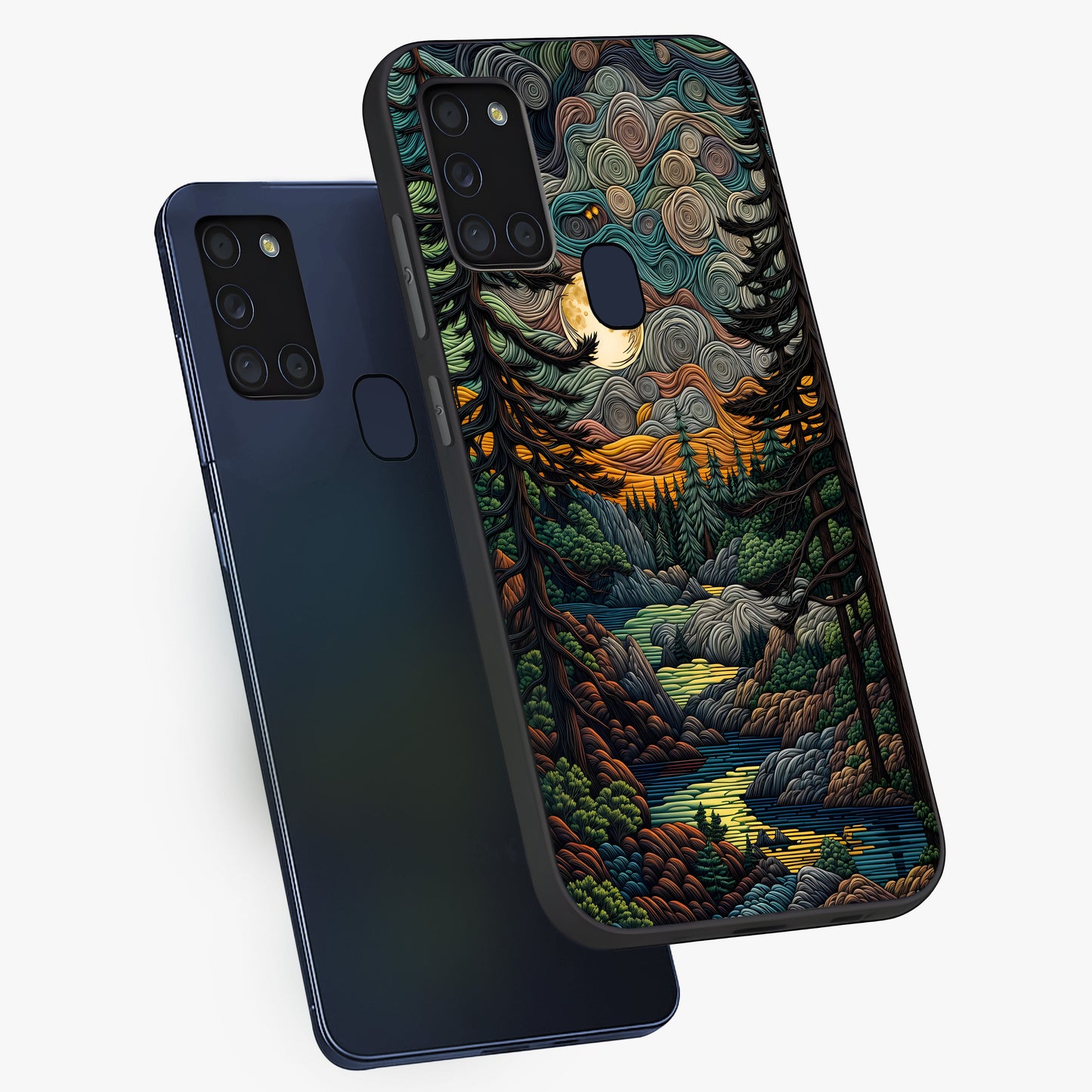Moonlight Forest Dream Glass Case displayed in angled mockup highlighting dreamy forest design with glowing moon aesthetic.