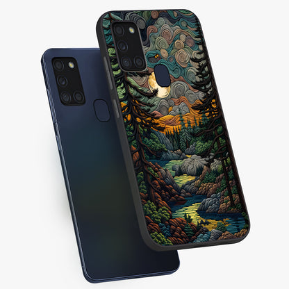 Moonlight Forest Dream Glass Case displayed in angled mockup highlighting dreamy forest design with glowing moon aesthetic.