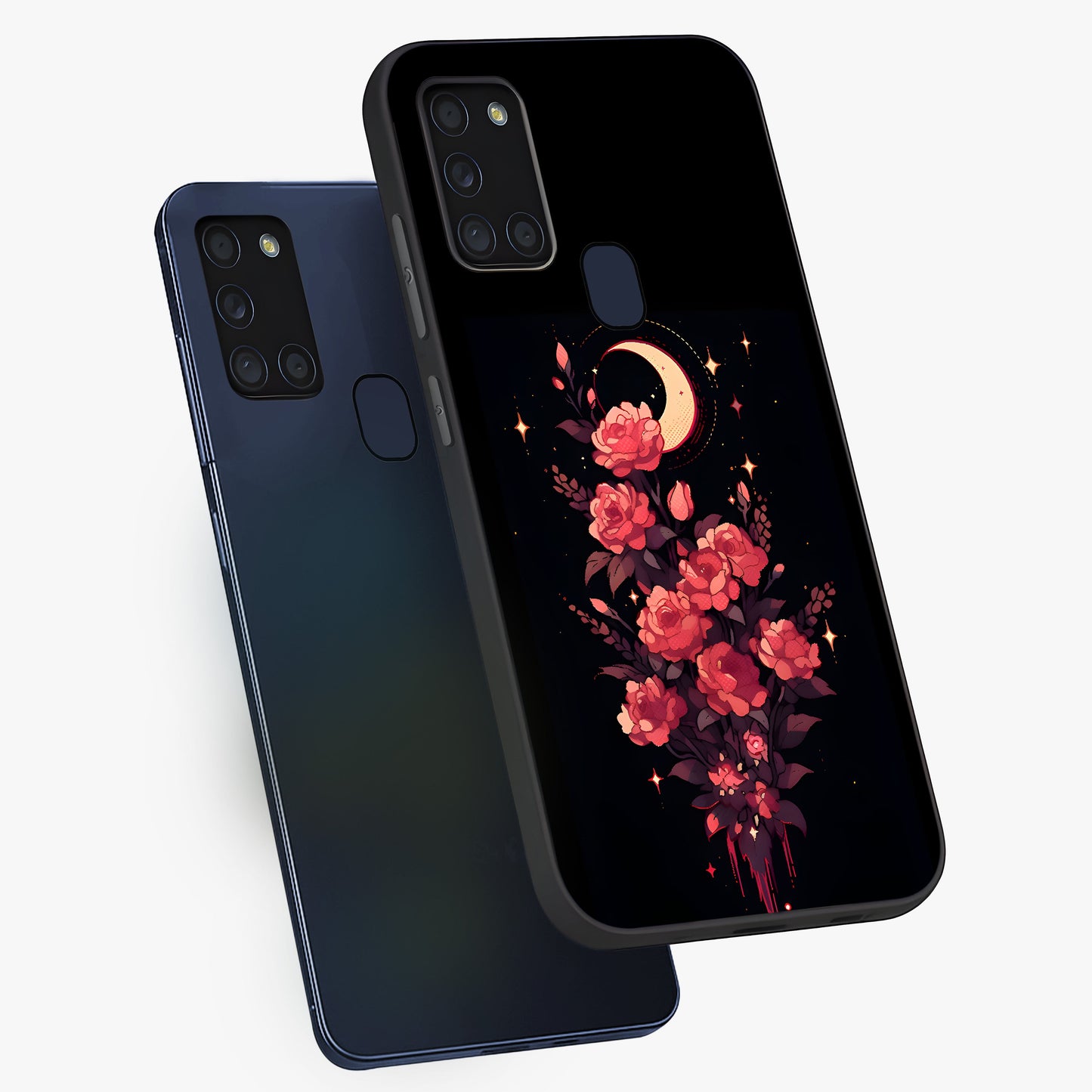 Moonlit Floral Elegance Glass Case displayed in angled mockup highlighting graceful flower design with soft moonlight aesthetic.