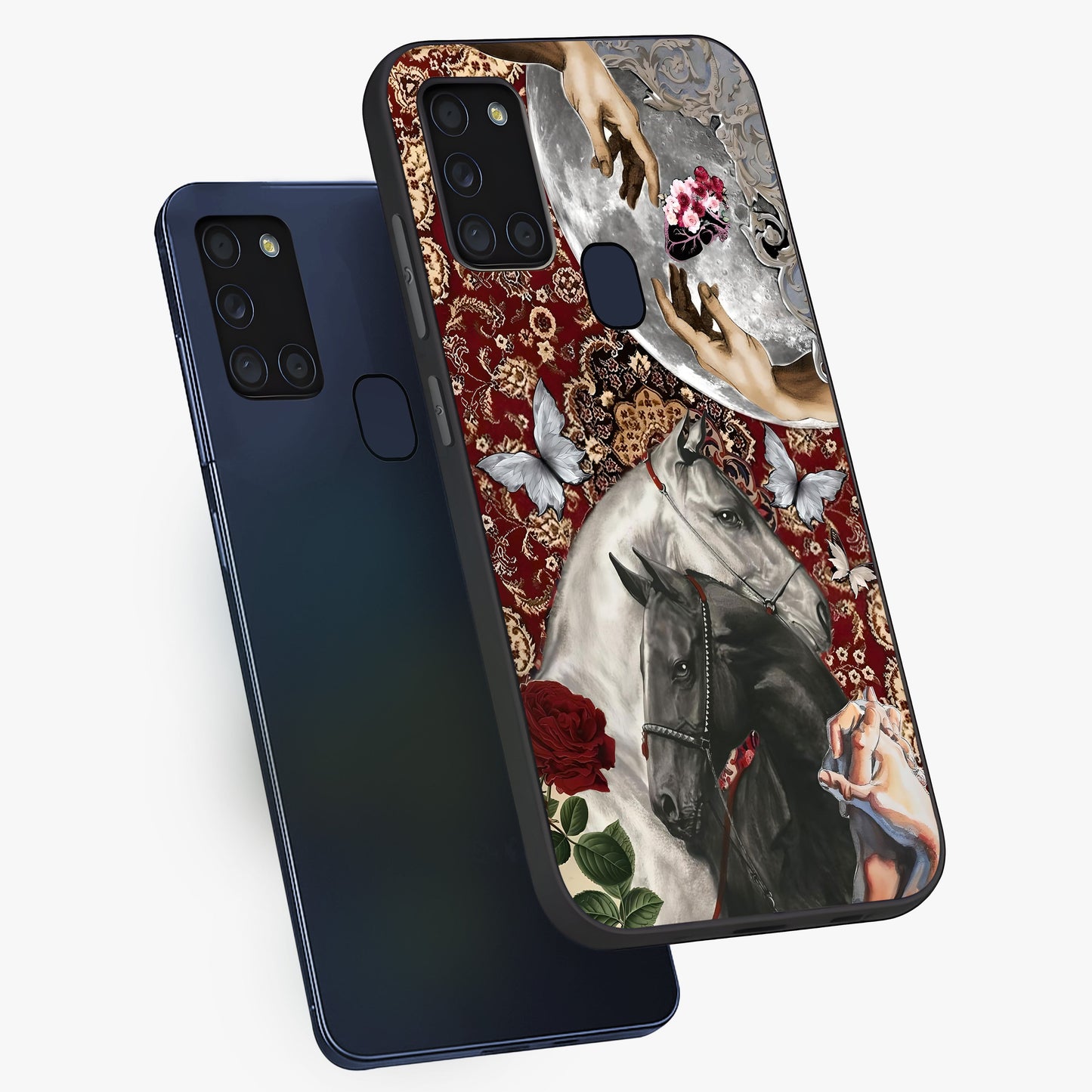 Moonlit Royal Stallion Glass Case displayed in angled mockup highlighting powerful stallion illustration with royal night aesthetic.