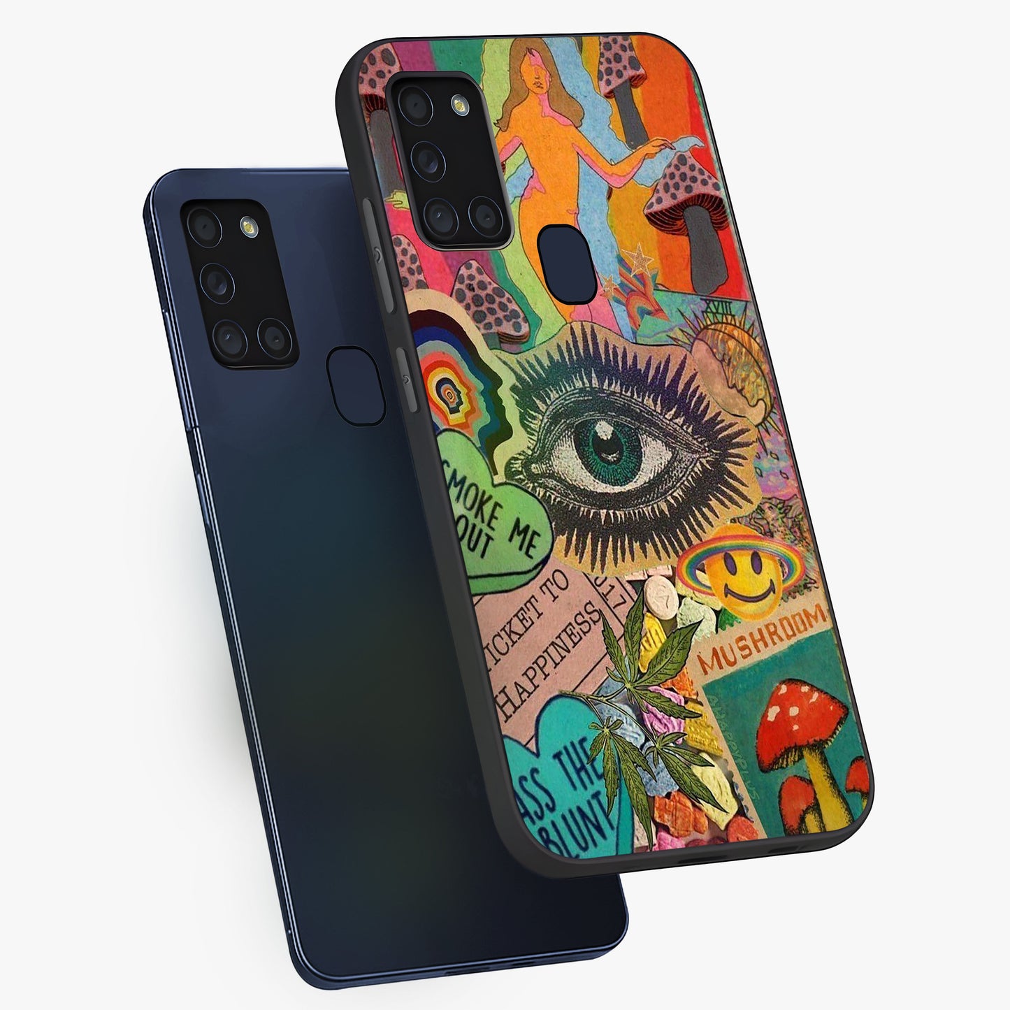 Mystic Eye Wonderland Glass Case displayed in angled mockup highlighting magical eye illustration with dreamy aesthetic.