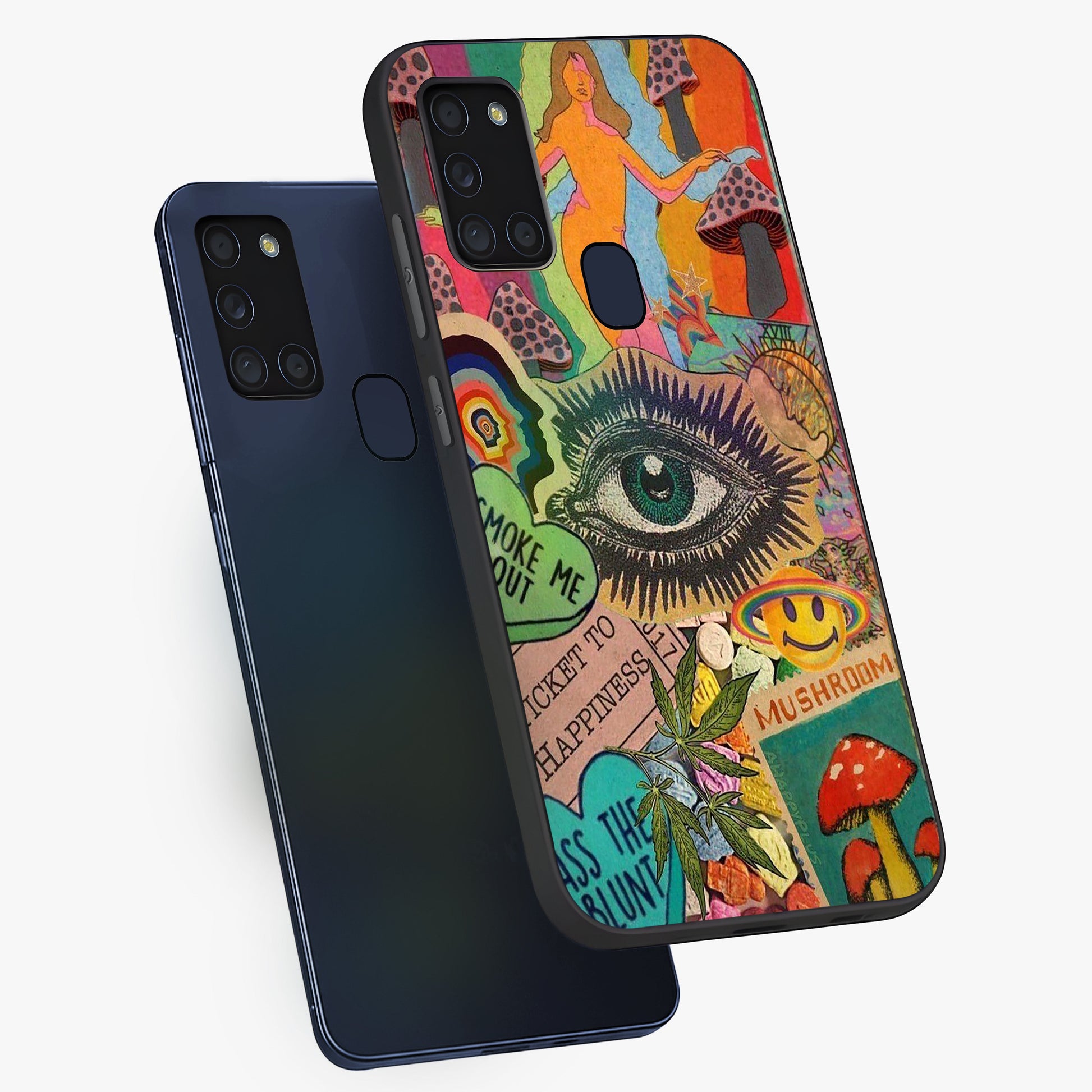 Mystic Eye Wonderland Glass Case displayed in angled mockup highlighting magical eye illustration with dreamy aesthetic.