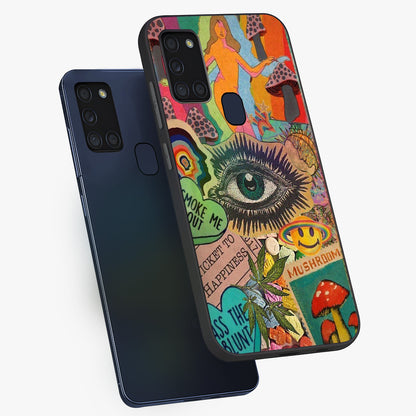 Mystic Eye Wonderland Glass Case displayed in angled mockup highlighting magical eye illustration with dreamy aesthetic.