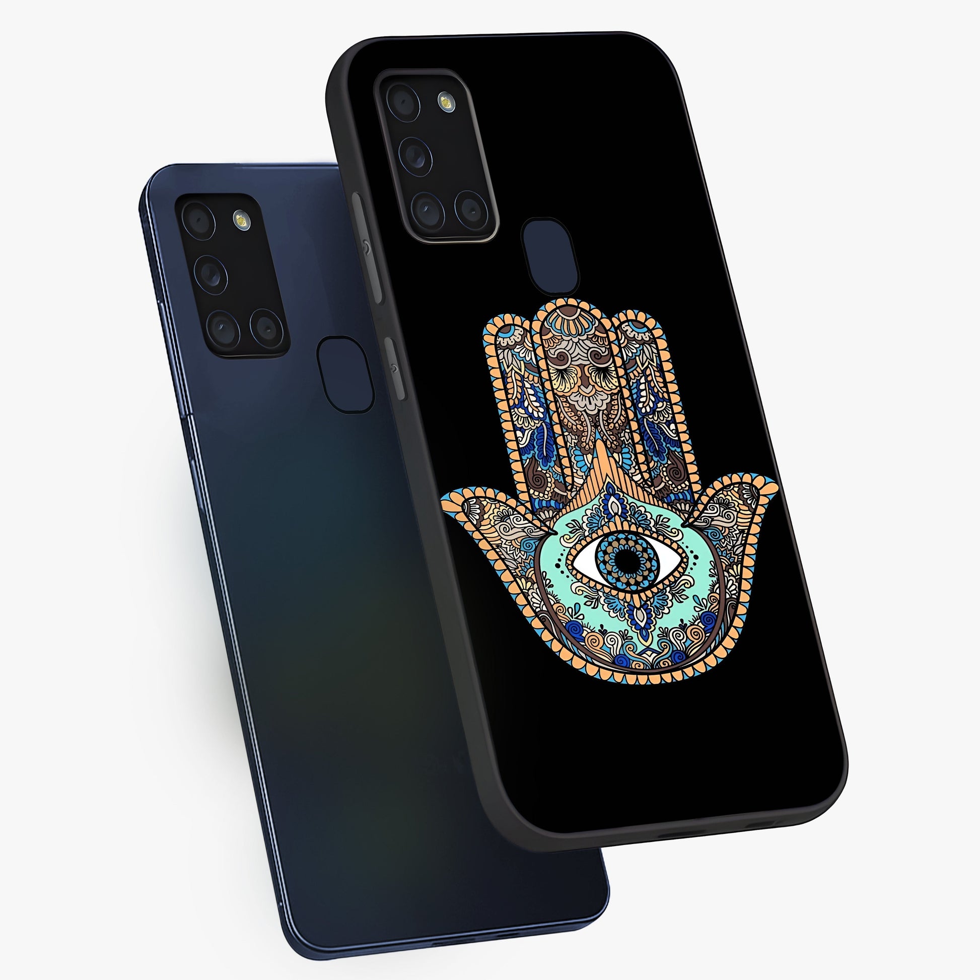 Mystic Hamsa Eye Glass Case displayed in angled mockup highlighting spiritual hamsa symbol with mystical aesthetic style.