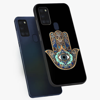 Mystic Hamsa Eye Glass Case displayed in angled mockup highlighting spiritual hamsa symbol with mystical aesthetic style.