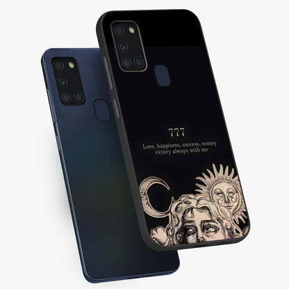 Mystic Victory Aura Glass Case displayed in angled mockup highlighting energetic aura design with bold mystical aesthetic.