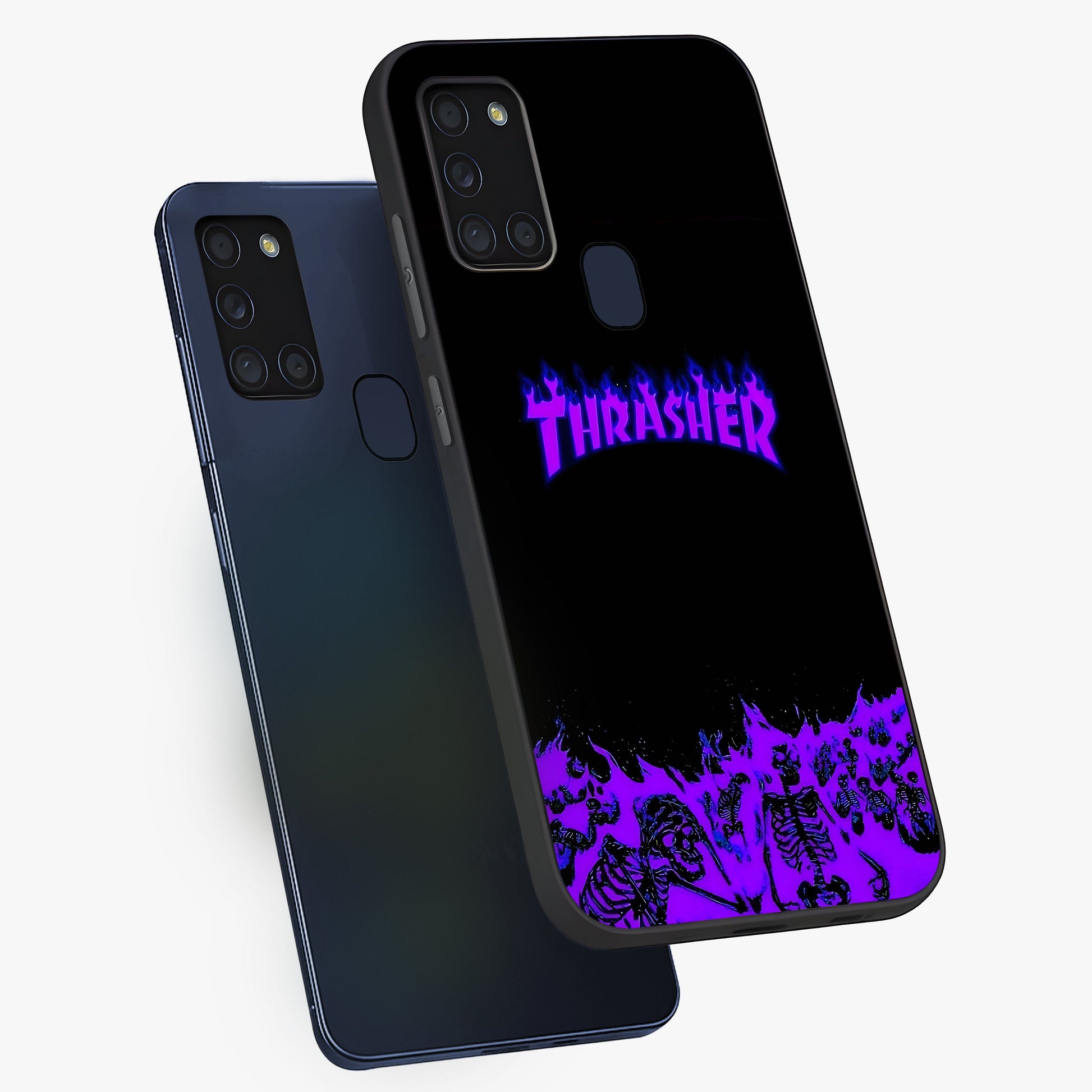 Neon Flame Riot Glass Case displayed in angled mockup highlighting glowing flame design with vibrant neon aesthetic.