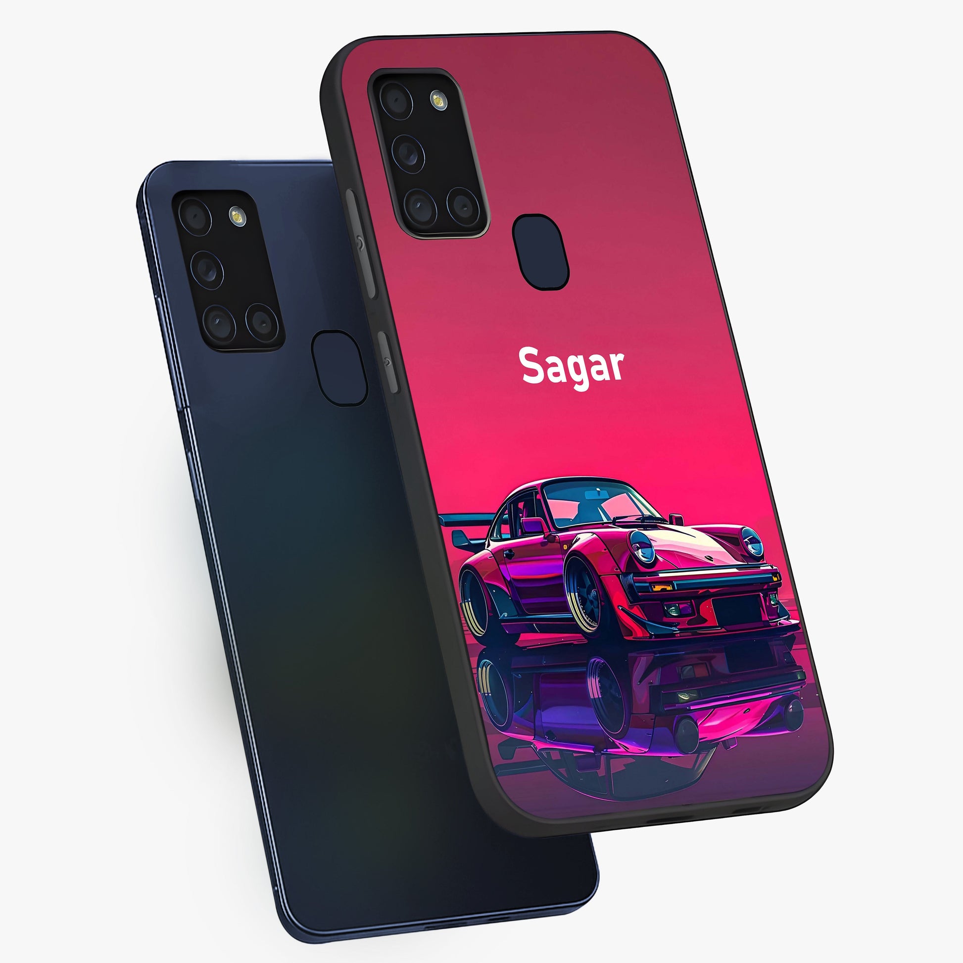 Neon Pink Porsche Glass Case displayed in angled mockup highlighting sleek neon pink car design with racing aesthetic.