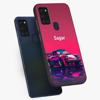 Neon Pink Porsche Glass Case displayed in angled mockup highlighting sleek neon pink car design with racing aesthetic.