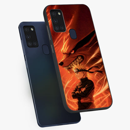 Nine Tails Legacy Glass Case displayed in angled mockup highlighting dynamic anime beast illustration with bold mystical aesthetic.