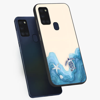 Ocean Drift Turtle Glass Case displayed in angled mockup highlighting peaceful ocean turtle illustration with marine aesthetic.