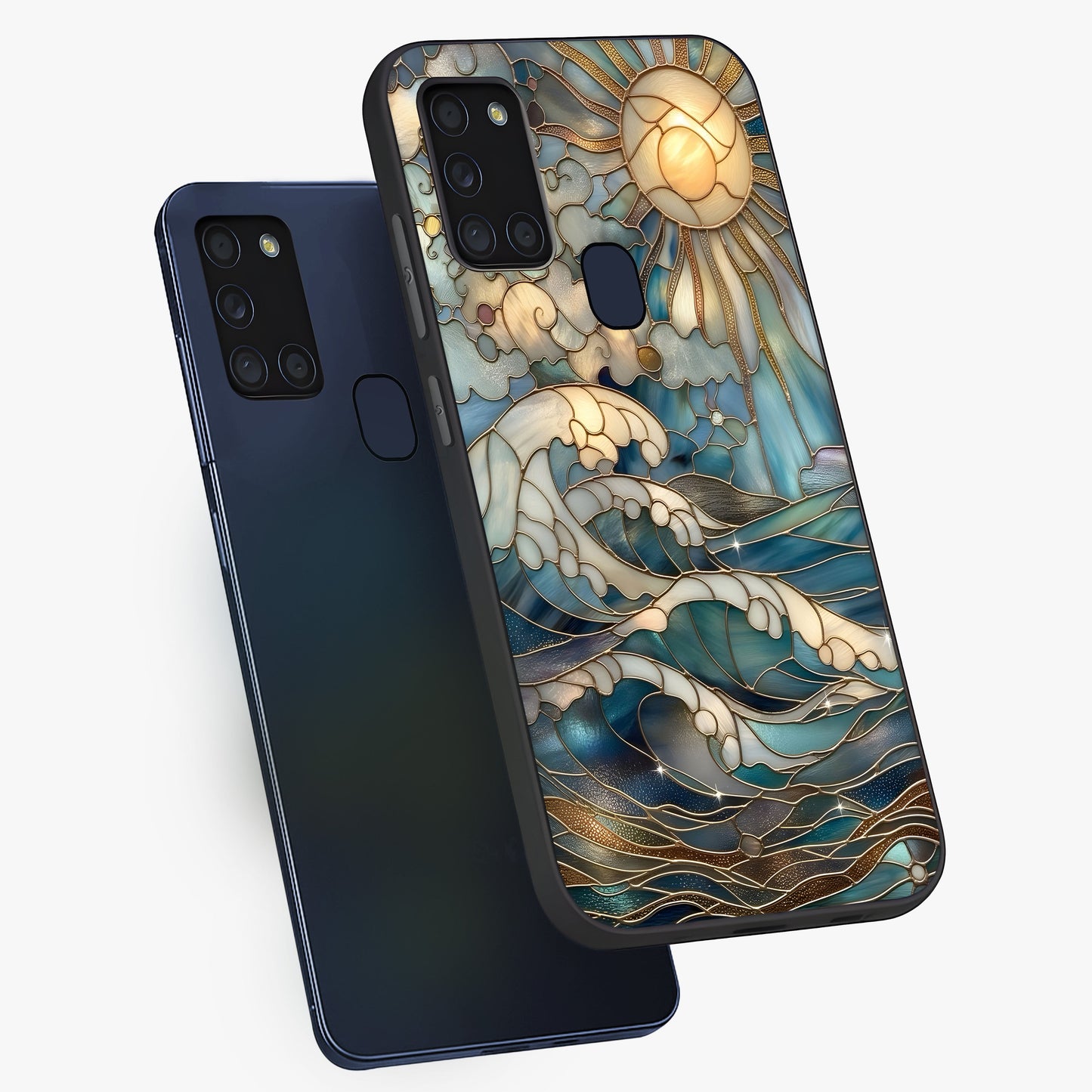 Oceanic Stained Printed Glass Case displayed in angled mockup highlighting colorful aquatic design with artistic aesthetic style.