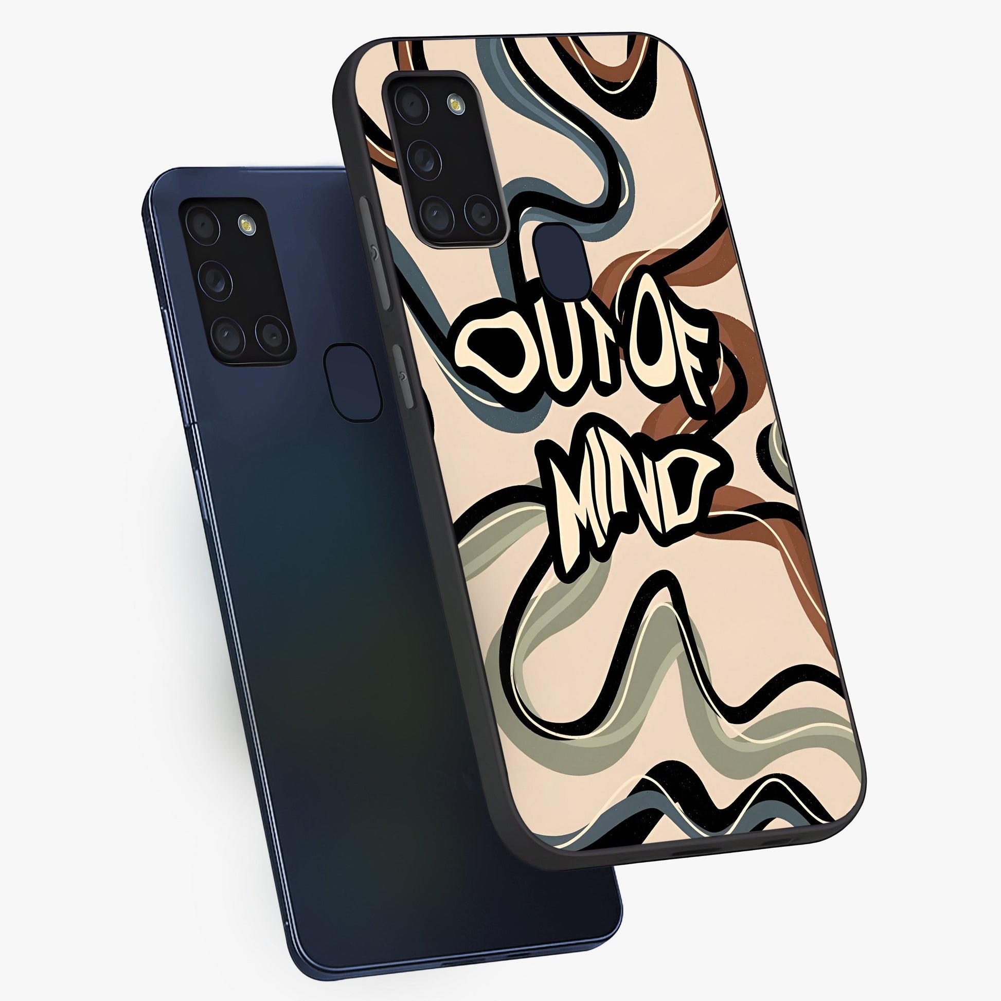 Out Of Mind Glass Case displayed in angled mockup highlighting bold statement design with modern artistic aesthetic.