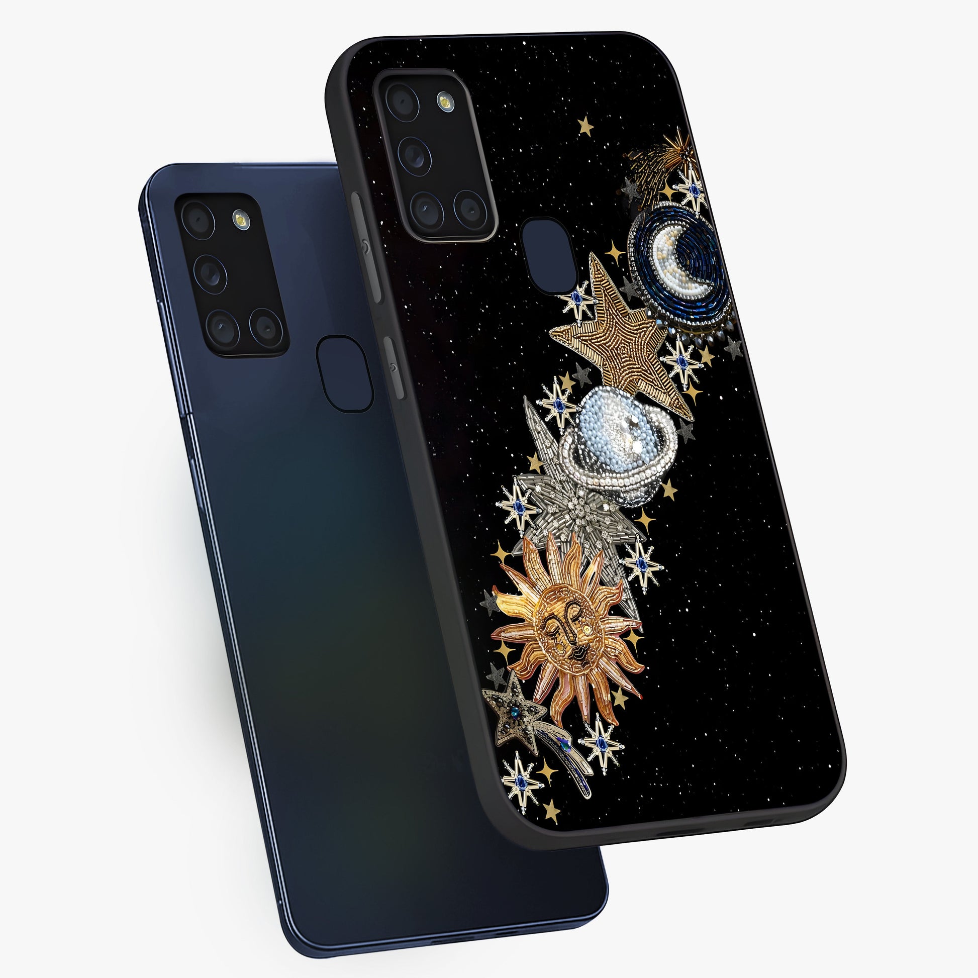 Pearls Universe Object Glass Case displayed in angled mockup highlighting celestial pearl design with dreamy aesthetic.