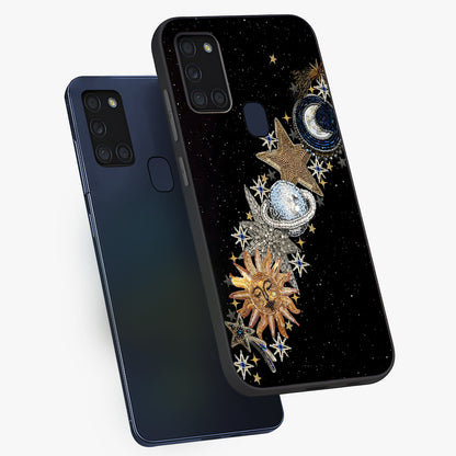 Pearls Universe Object Glass Case displayed in angled mockup highlighting celestial pearl design with dreamy aesthetic.