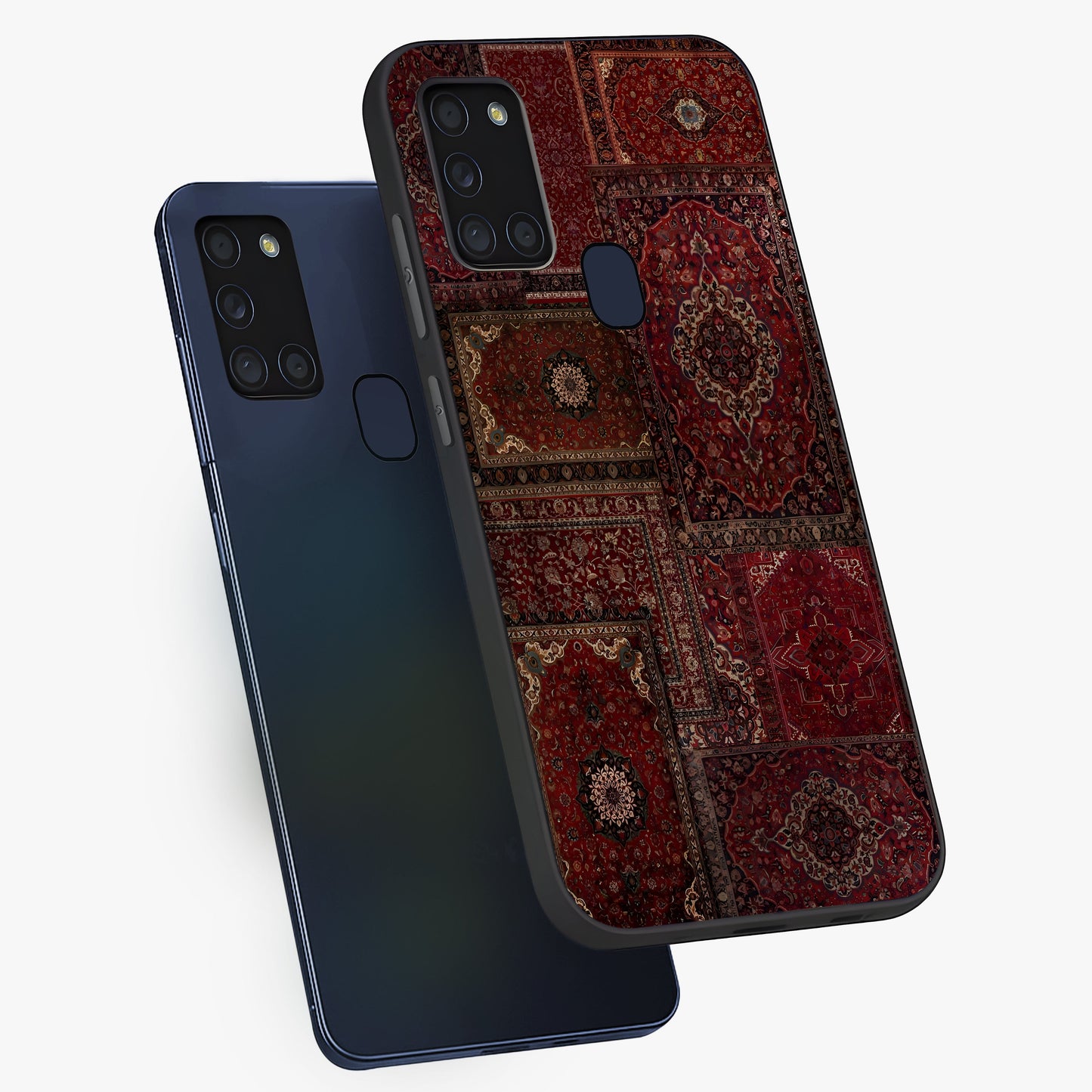 Persian Velvet Tale Glass Case displayed in angled mockup highlighting ornate textile inspired design with royal aesthetic.