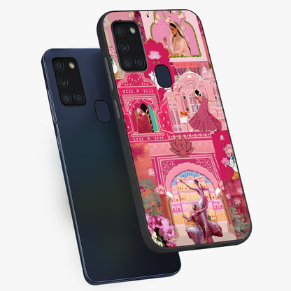 Pink Palace Muse Glass Case displayed in angled mockup highlighting dreamy palace illustration with soft pink aesthetic.