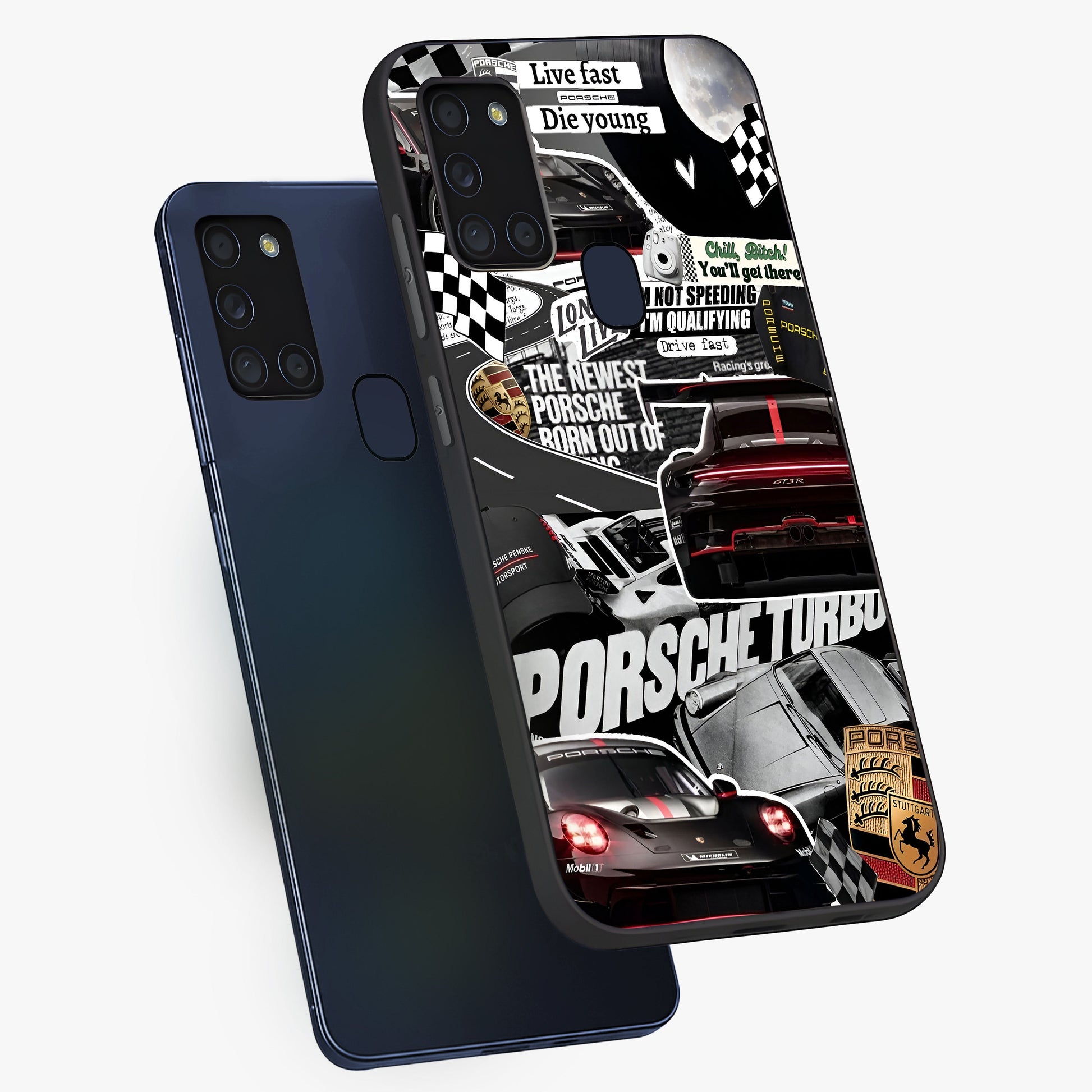 Porsche Racing Collage Glass Case displayed in angled mockup highlighting dynamic automotive design with bold racing aesthetic.