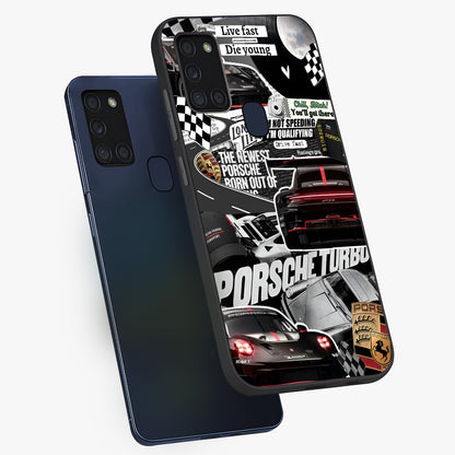 Porsche Racing Collage Glass Case displayed in angled mockup highlighting dynamic automotive design with bold racing aesthetic.