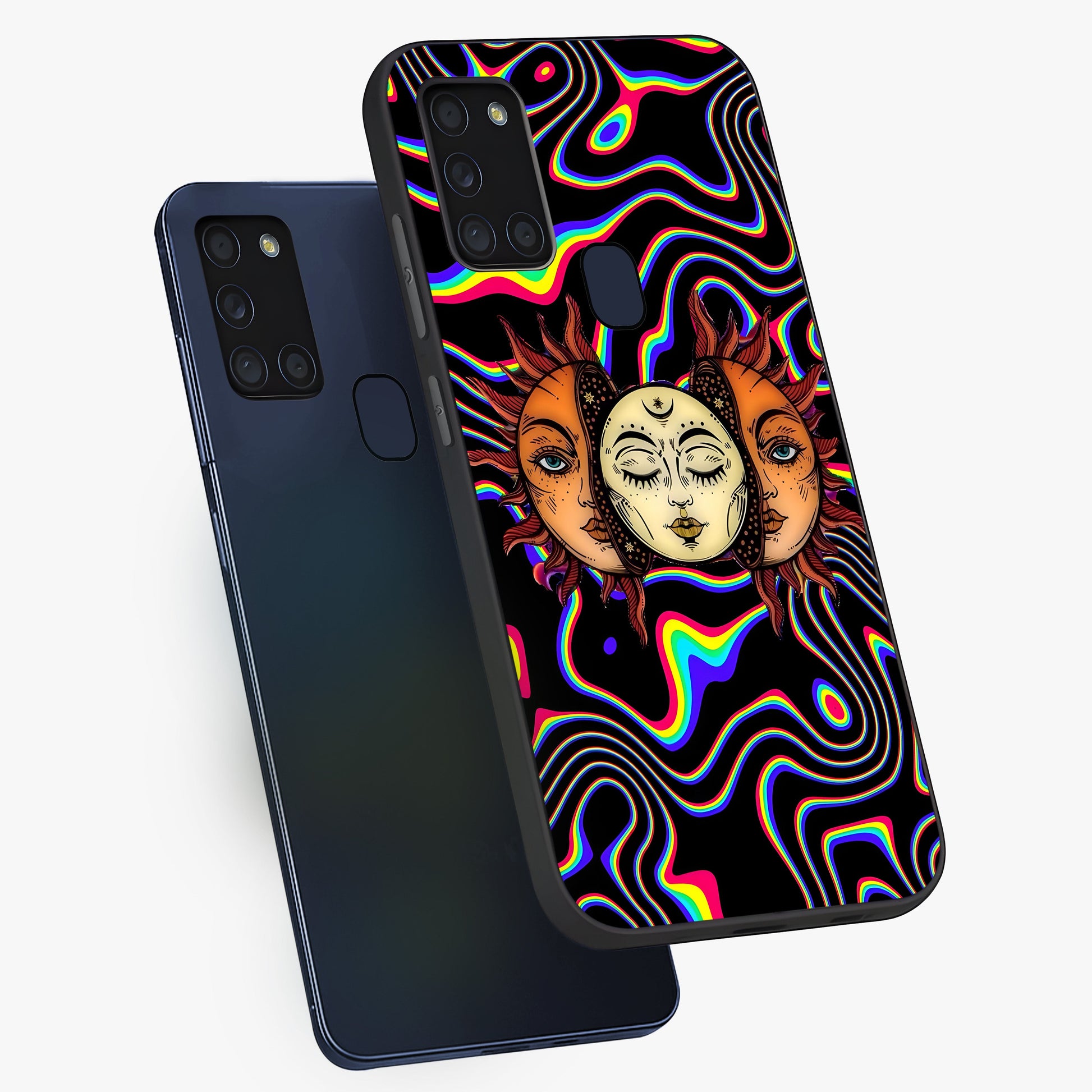 Psychedelic Sun Glass Case displayed in angled mockup highlighting vibrant abstract sun design with artistic aesthetic style.