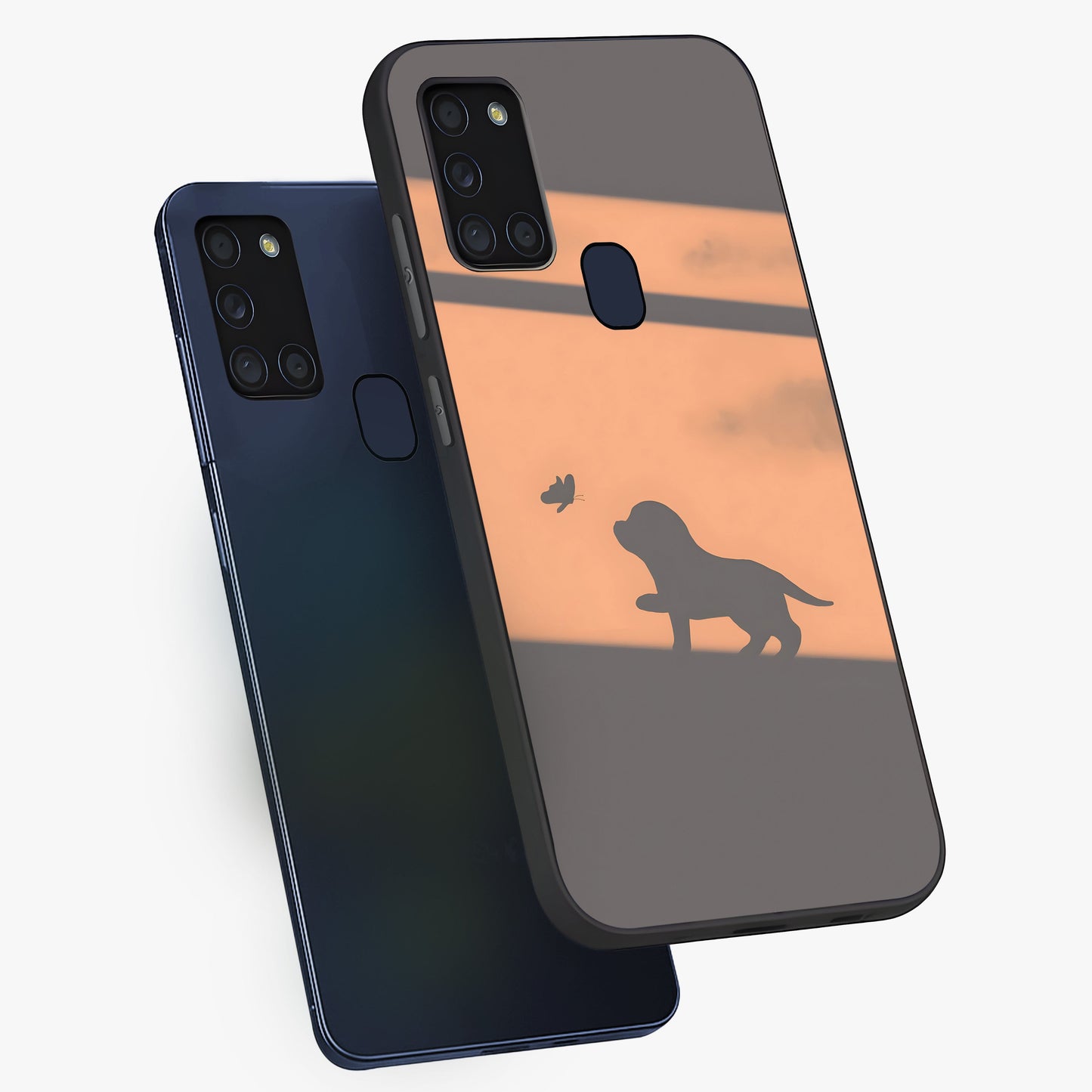 Puppy Shadow Art Glass Case displayed in angled mockup highlighting playful dog illustration with artistic shadow aesthetic.