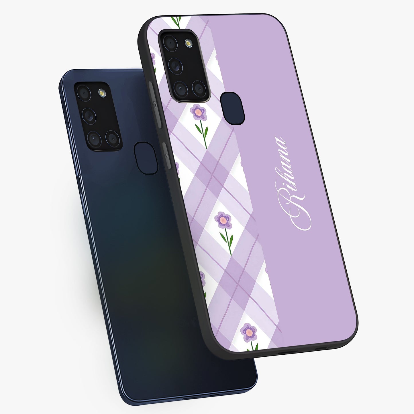 Purple Diamond Floral Glass Case displayed in angled mockup highlighting elegant purple flower design with decorative pattern.