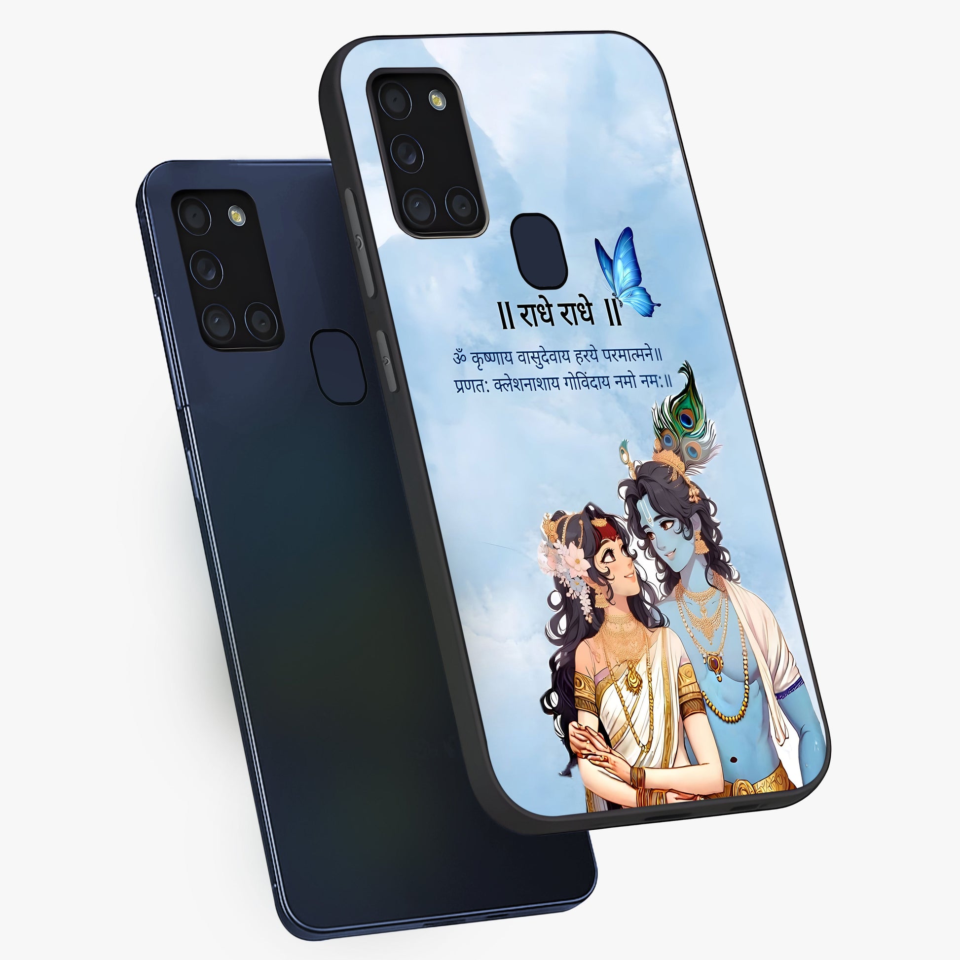 Radha Krishna Eternal Glass Case displayed in angled mockup highlighting divine Radha Krishna illustration with spiritual aesthetic.