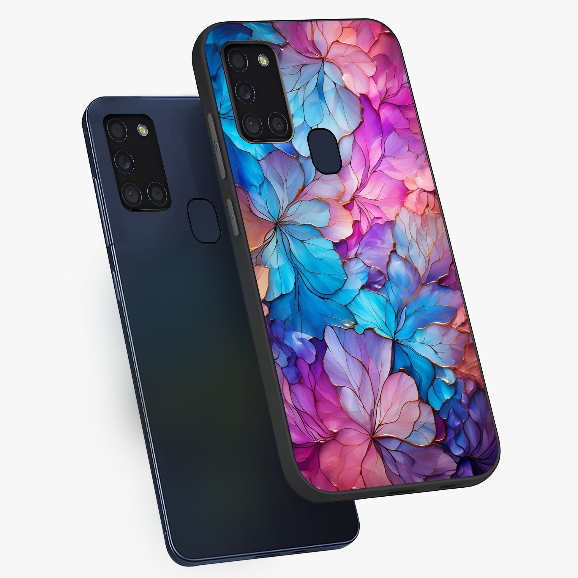 Radiant Floral Whirl Glass Case displayed in angled mockup highlighting vibrant flower pattern with dynamic artistic aesthetic.