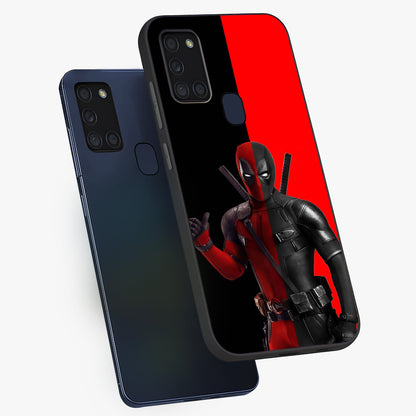 Red & Black Deadpool Theme Glass Case displayed in angled mockup highlighting vibrant superhero style illustration with action aesthetic.