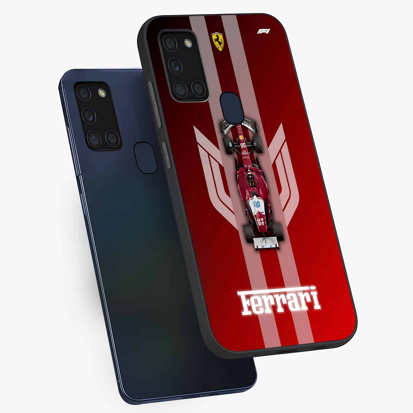 Red Ferrari F1 Vertical Glass Case displayed in angled mockup highlighting high speed racing design with bold automotive aesthetic.