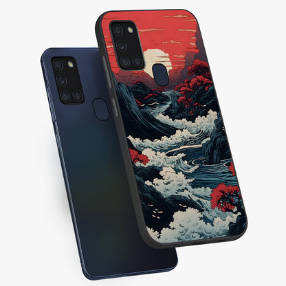 Red Sunset Scenery Glass Case displayed in angled mockup highlighting glowing sunset sky design with scenic aesthetic.