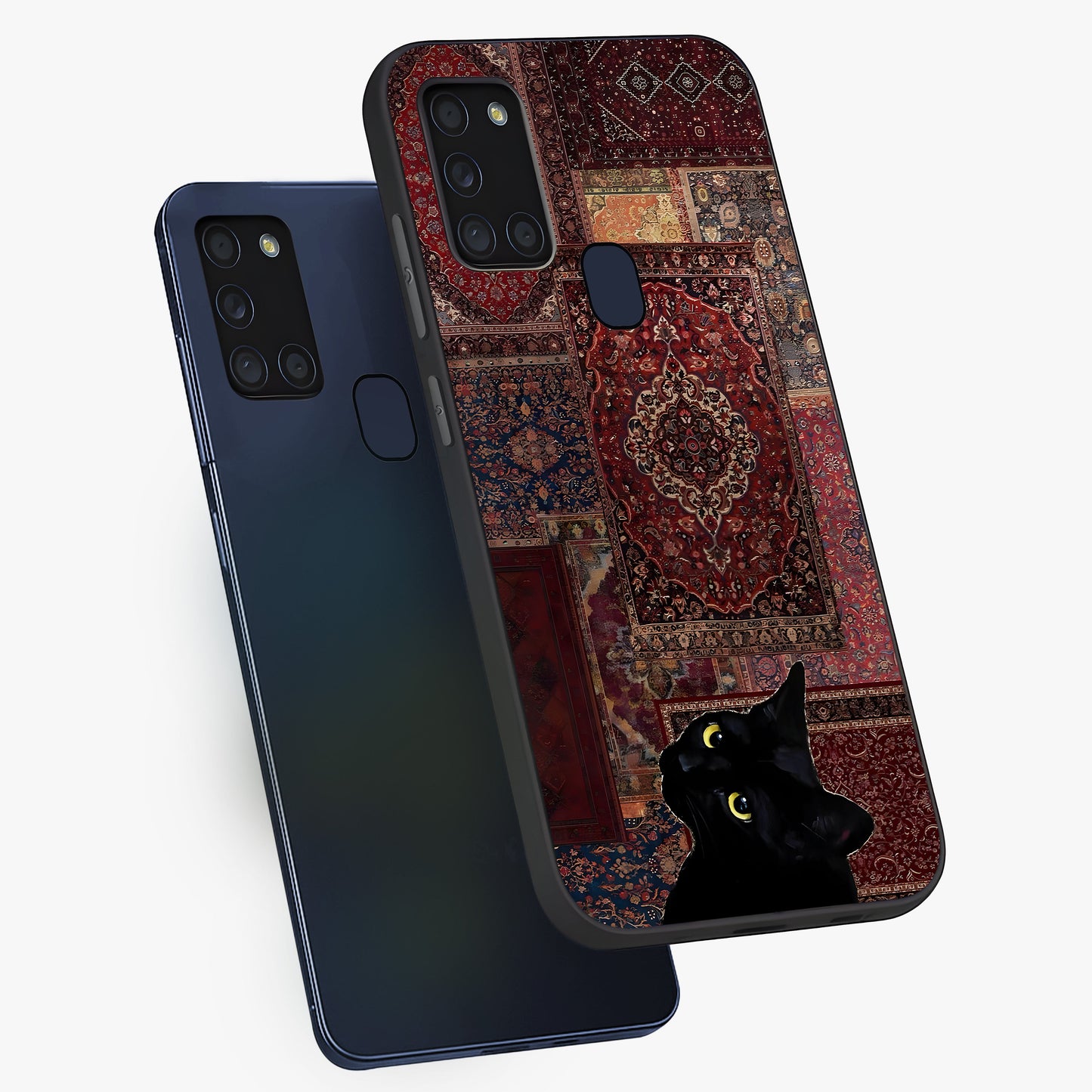 Regal Magic Cat Apple Glass Case displayed in angled mockup highlighting whimsical feline design with fantasy aesthetic.