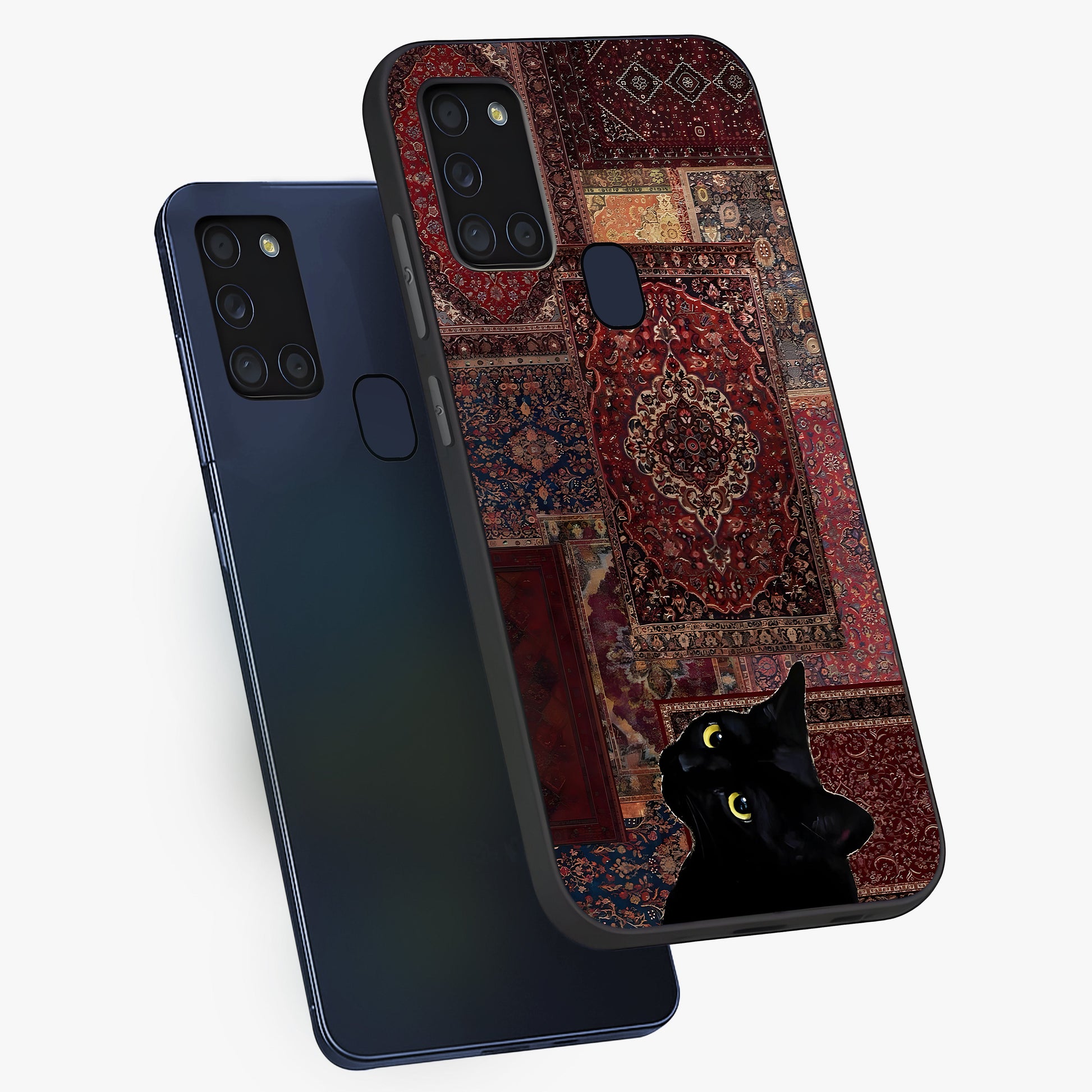 Regal Magic Cat Apple Glass Case displayed in angled mockup highlighting whimsical feline design with fantasy aesthetic.
