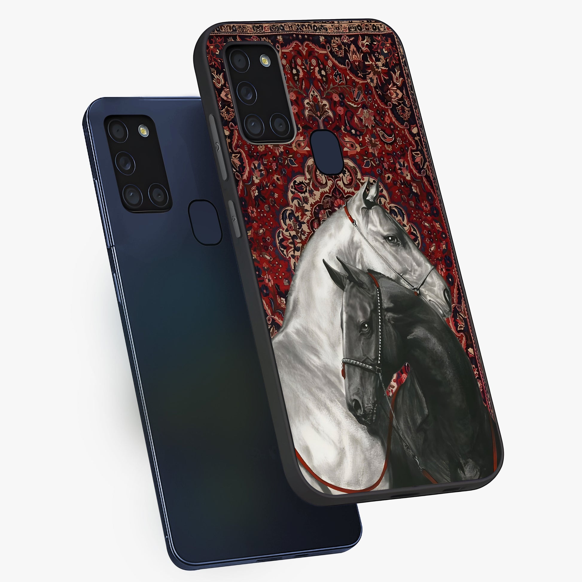 Regal Stallion Tapestry Glass Case displayed in angled mockup highlighting royal stallion design with decorative heritage aesthetic.