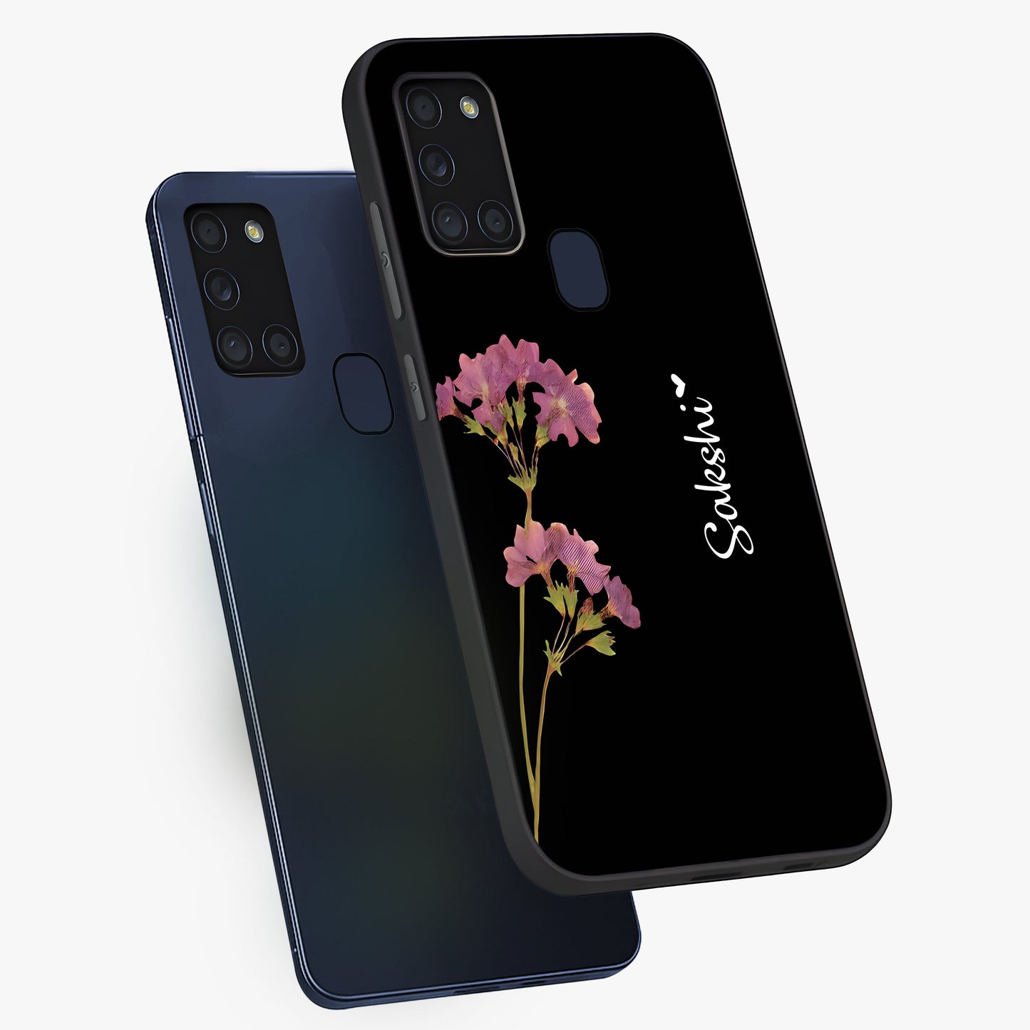 Riching Lavender Flower Custom Name Glass Case displayed in angled mockup highlighting delicate lavender flower design with custom name feature.