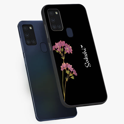 Riching Lavender Flower Custom Name Glass Case displayed in angled mockup highlighting delicate lavender flower design with custom name feature.