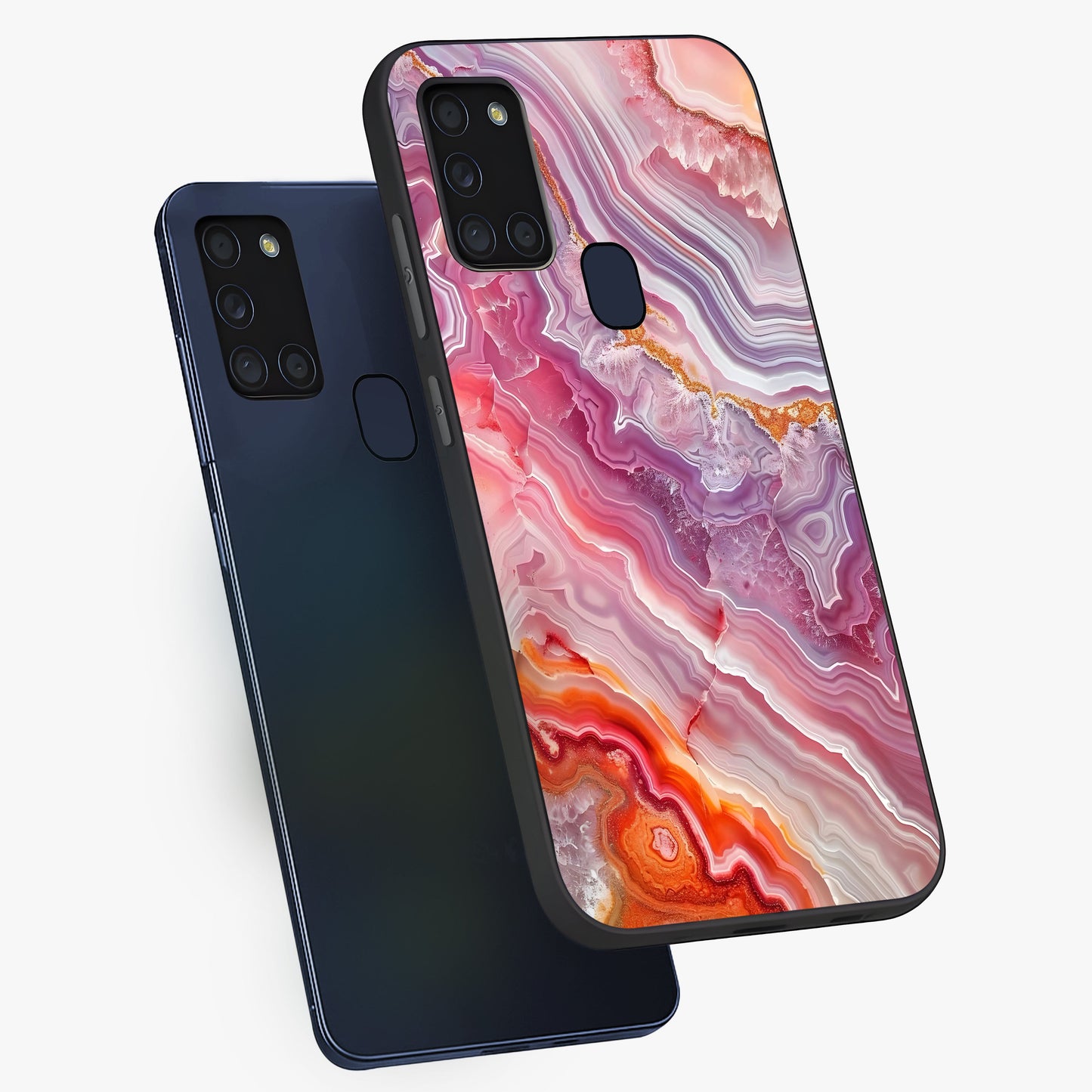 Rose Quartz Marble Glass Case displayed in angled mockup highlighting elegant marble pattern with soft aesthetic style.