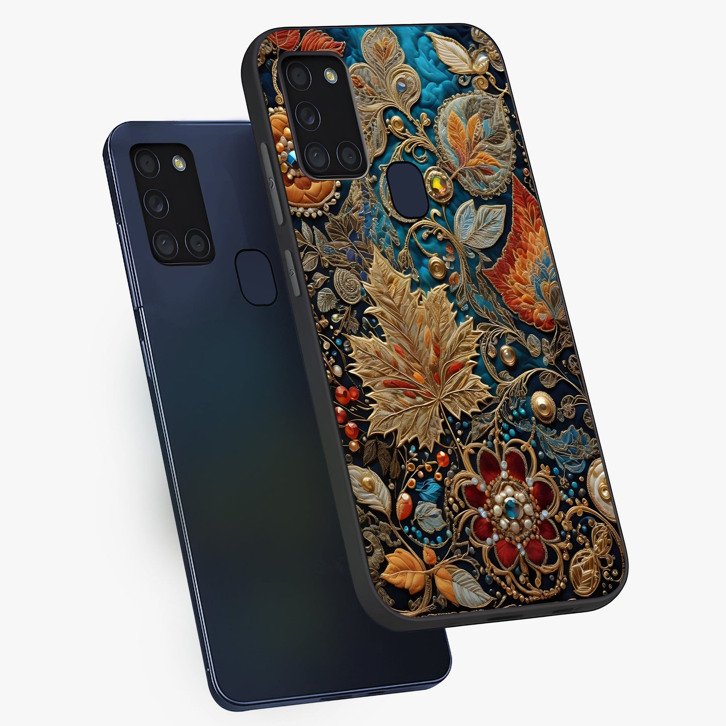 Royal Jewel Garden Glass Case displayed in angled mockup highlighting vibrant jewel inspired floral design with elegant aesthetic.