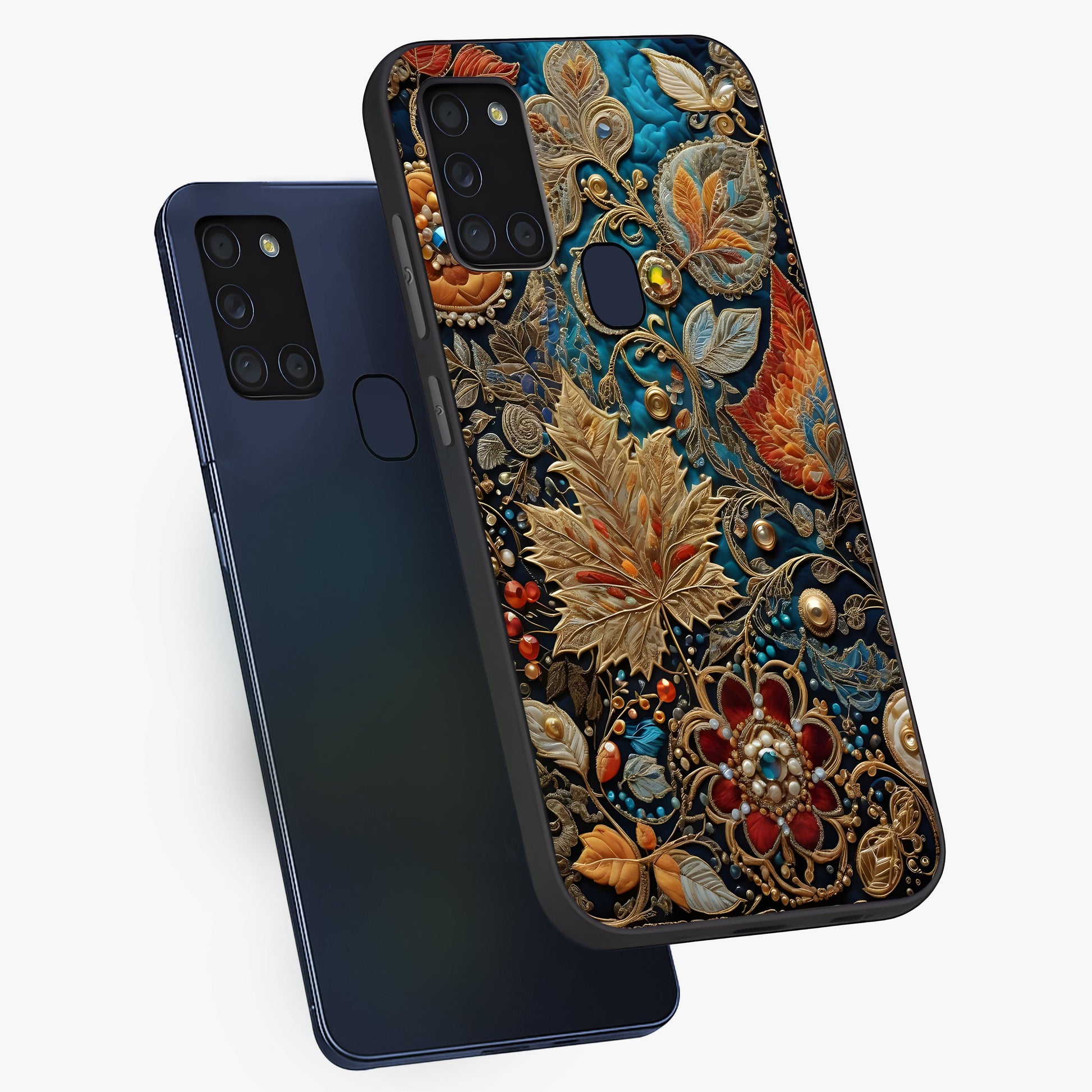 Royal Jewel Garden Glass Case displayed in angled mockup highlighting vibrant jewel inspired floral design with elegant aesthetic.