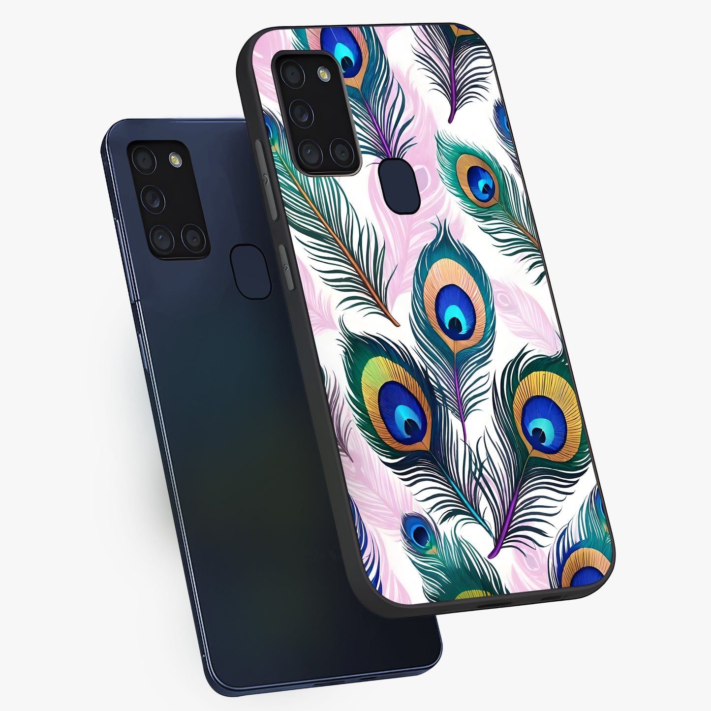 Royal Peacock Feathers Glass Case displayed in angled mockup highlighting vibrant feather pattern with regal aesthetic style.