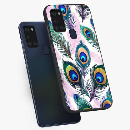 Royal Peacock Feathers Glass Case displayed in angled mockup highlighting vibrant feather pattern with regal aesthetic style.