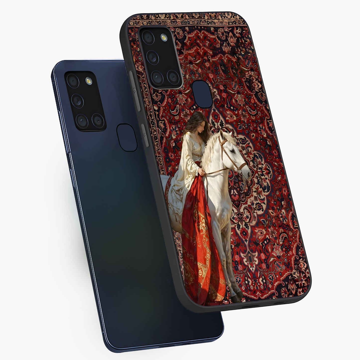 Royal Rider Tapestry Glass Case displayed in angled mockup highlighting traditional tapestry design with royal heritage aesthetic.