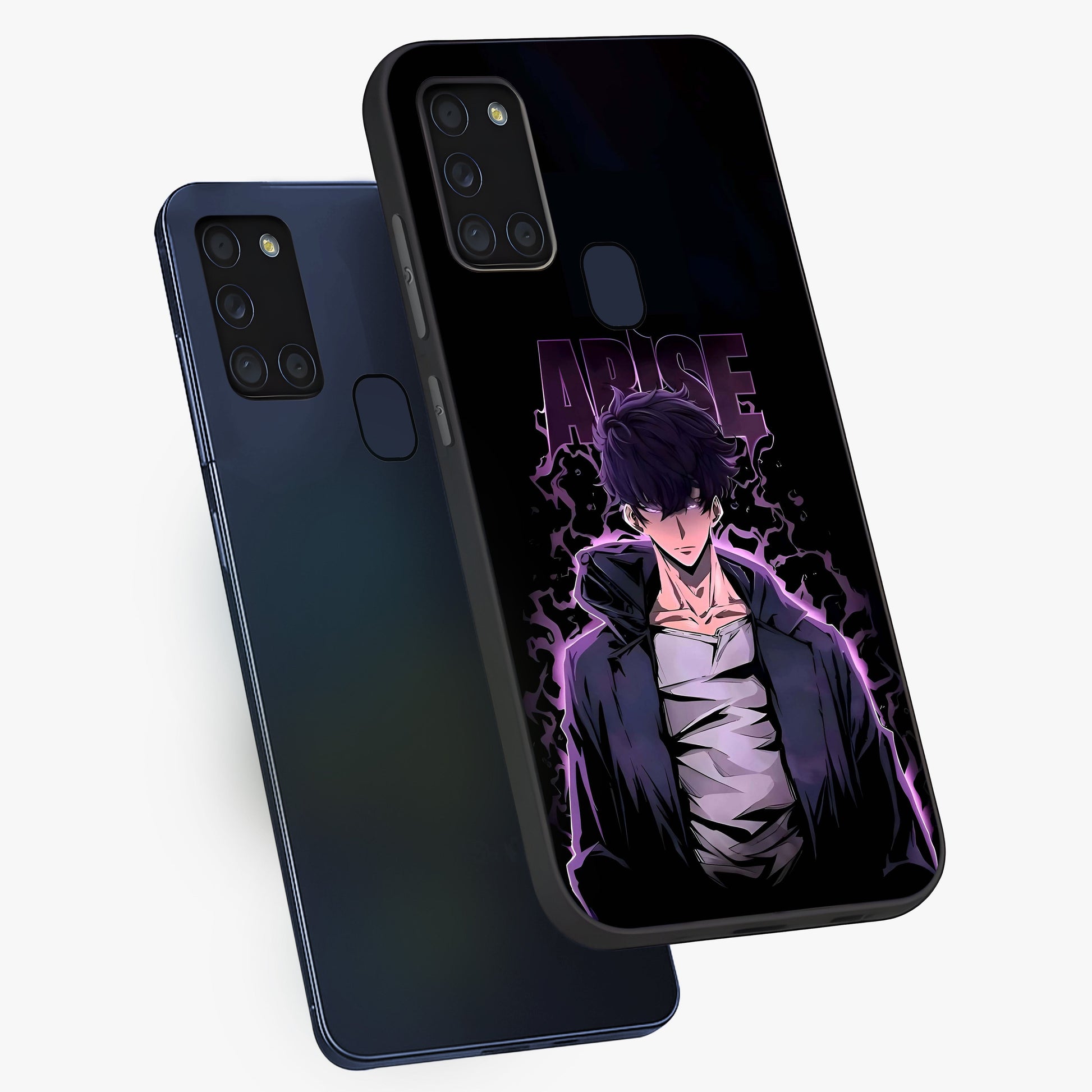Shadow Monarch Awakening Glass Case displayed in angled mockup highlighting dramatic shadow warrior design with fantasy aesthetic.