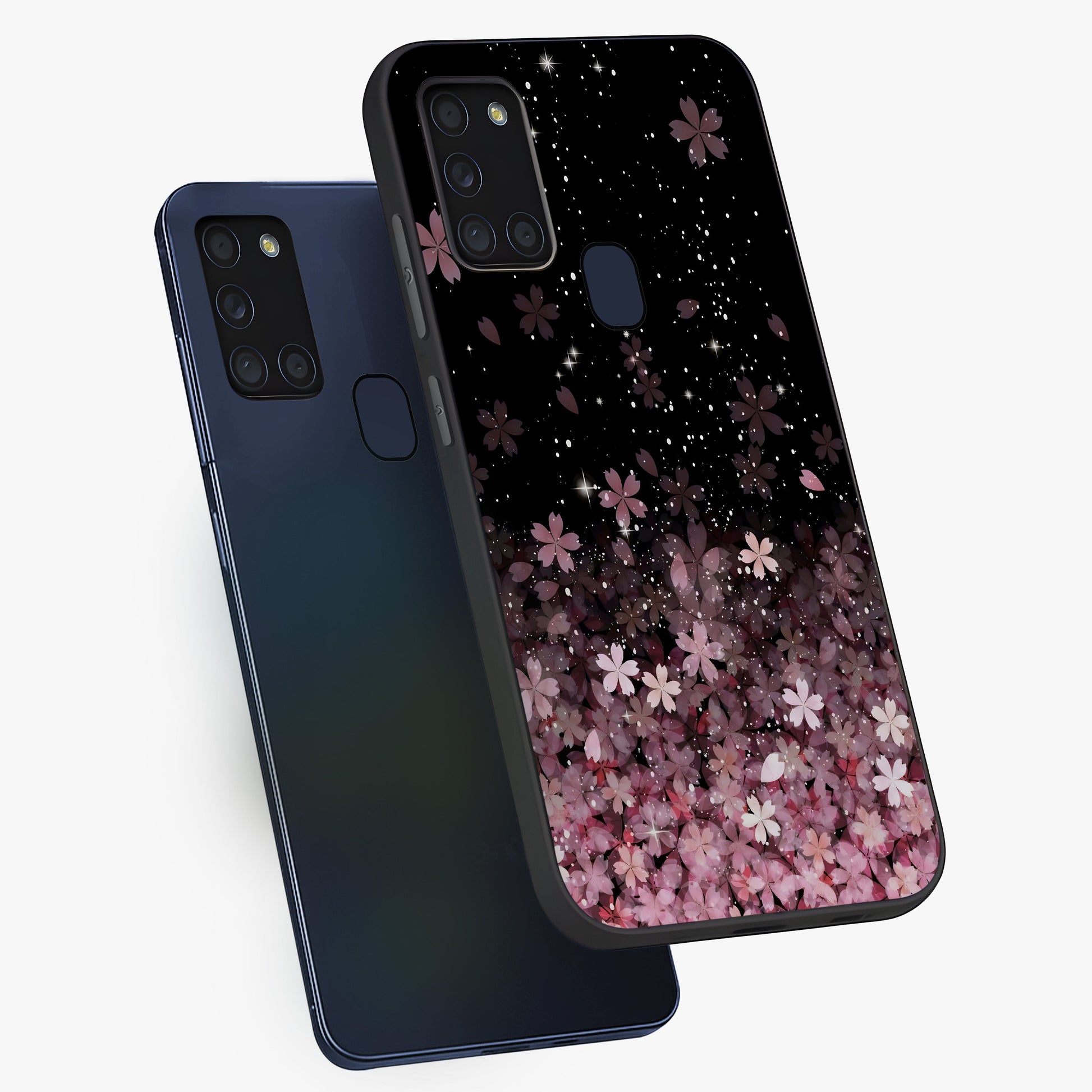 Small Starry Flowers Glass Case displayed in angled mockup highlighting tiny flower pattern with celestial aesthetic style.