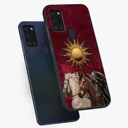 Solar Riders Glass Case displayed in angled mockup highlighting powerful rider illustration with radiant solar aesthetic.