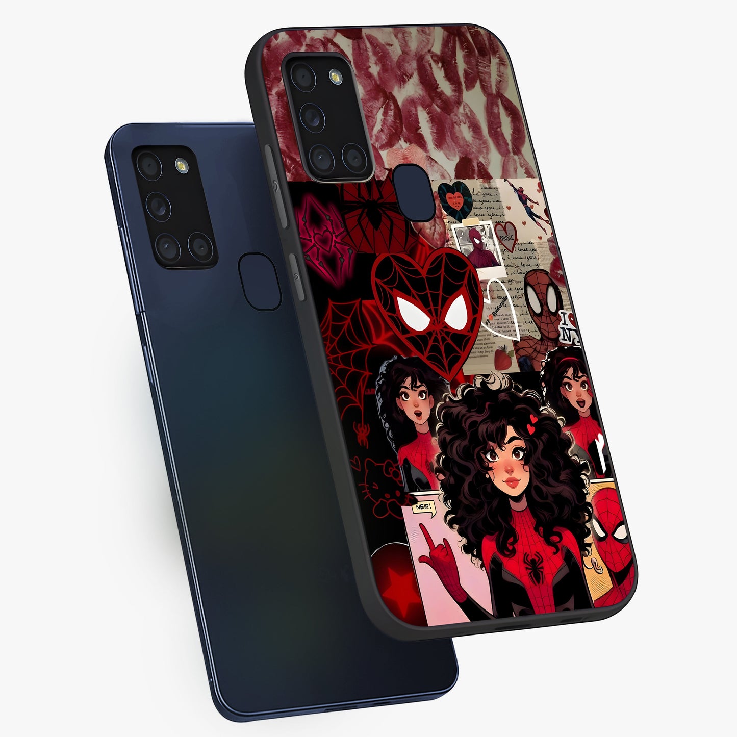 Spider Love Story Glass Case displayed in angled mockup highlighting expressive comic inspired design with playful aesthetic.