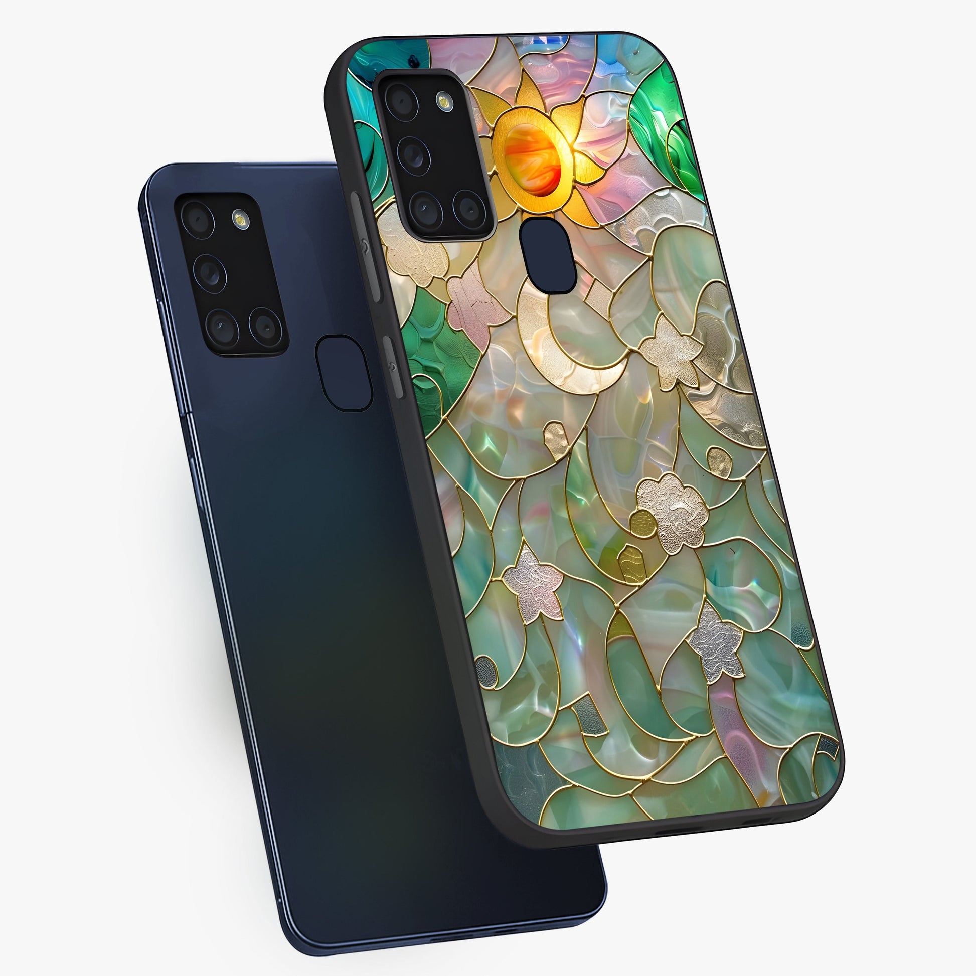 Stained Sunrise Glow Glass Case displayed in angled mockup highlighting radiant sunrise design with artistic aesthetic style.